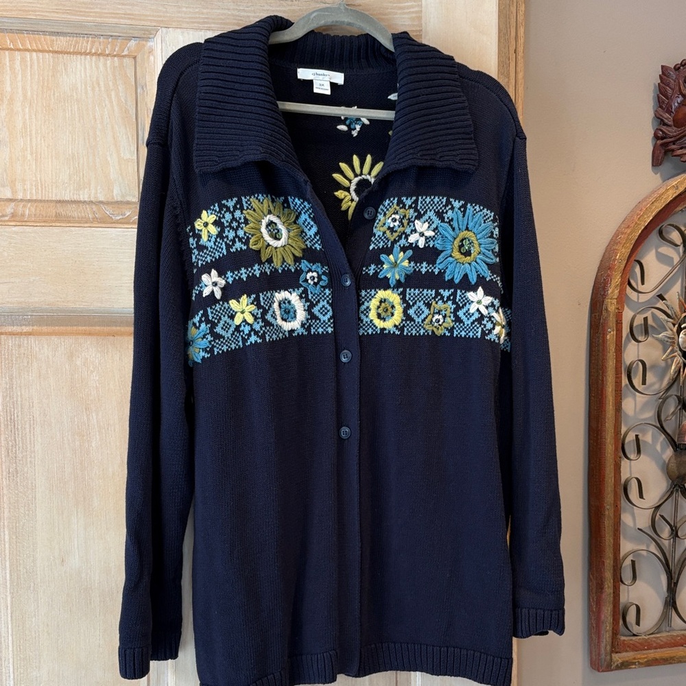 CJ Banks Navy Cotton Embroidered Cardigan with Floral Accents Size 3X